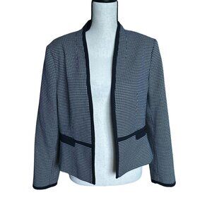 Hobbs Brianna Navy Blazer Open Front Jacket White Houndstooth Defined Waist 12